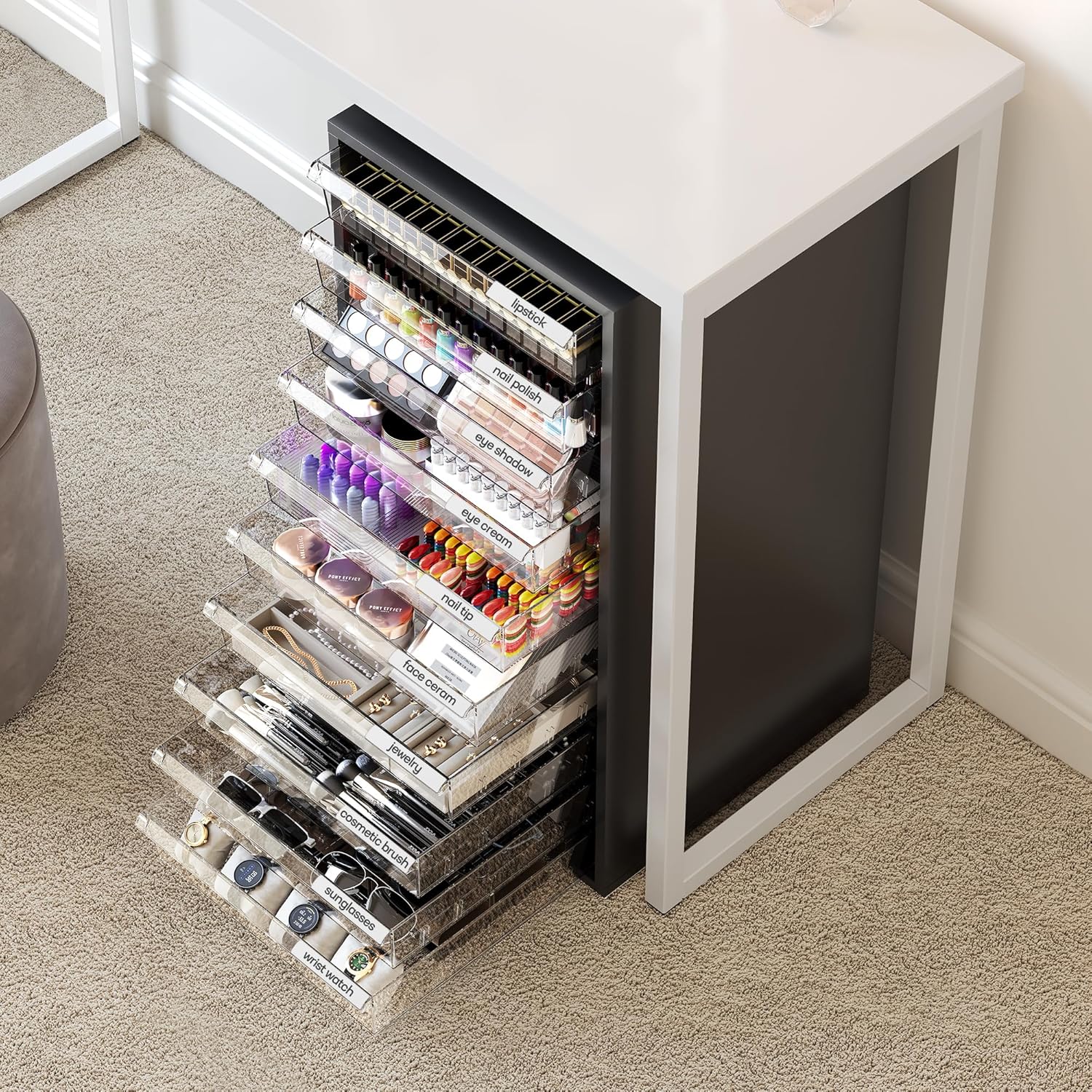 WOPITUES Storage Drawer Cart, Mobile Storage Cabinet, Makeup Storage with 10 Large Clear Drawers, Utility Wooden Rolling Cart on Wheels, for Cosmetic, Art Craft, Office Supplies, Toy, Black