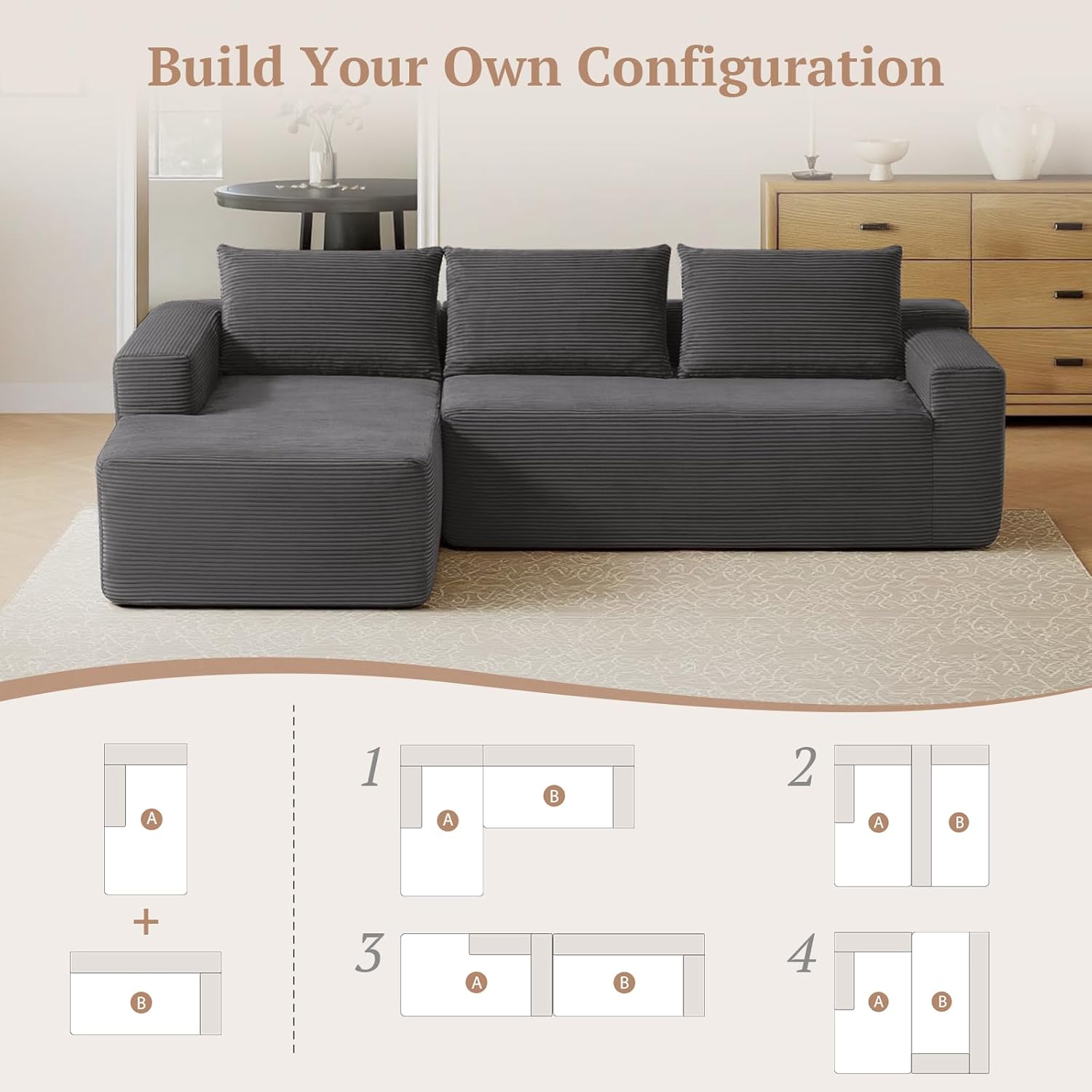 97inch Boneless L-Shaped Sectional Sofa with Throw Pillow & Side Pockets- No Assembly Compressed Modular Couch, Memory Foam, Deep Seat for Living Room, Bedroom, Apartment Grey Left