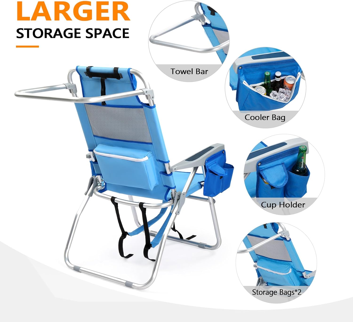 VINGLI Tall Beach Chair 2 Pack Lightweight, Backpack Beach Chair for Adults with 5-Position, Cooler Bag, Cup Holders, Towel Bar, Folding Beach Camping Chairs（16“-Blue）