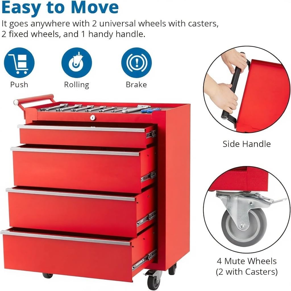 Heavy-Duty Rolling Tool Chest with 4 Lockable Drawers, Featuring a Sturdy Metal Cabinet and Smooth-Wheeling Mobility, Includes Protective Drawer Liners for Secure Storage