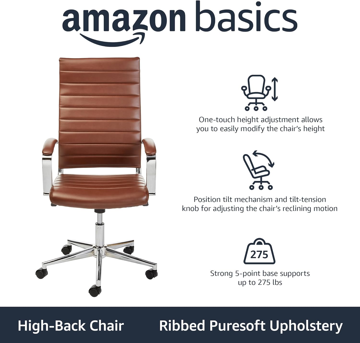 Amazon Basics High-Back Swivel Office Chair with Lumbar Support, Ergonomic Ribbed Faux Leather, Adjustable Height, 24.75"D x 23.25"W x 45.25"H, Brick Red
