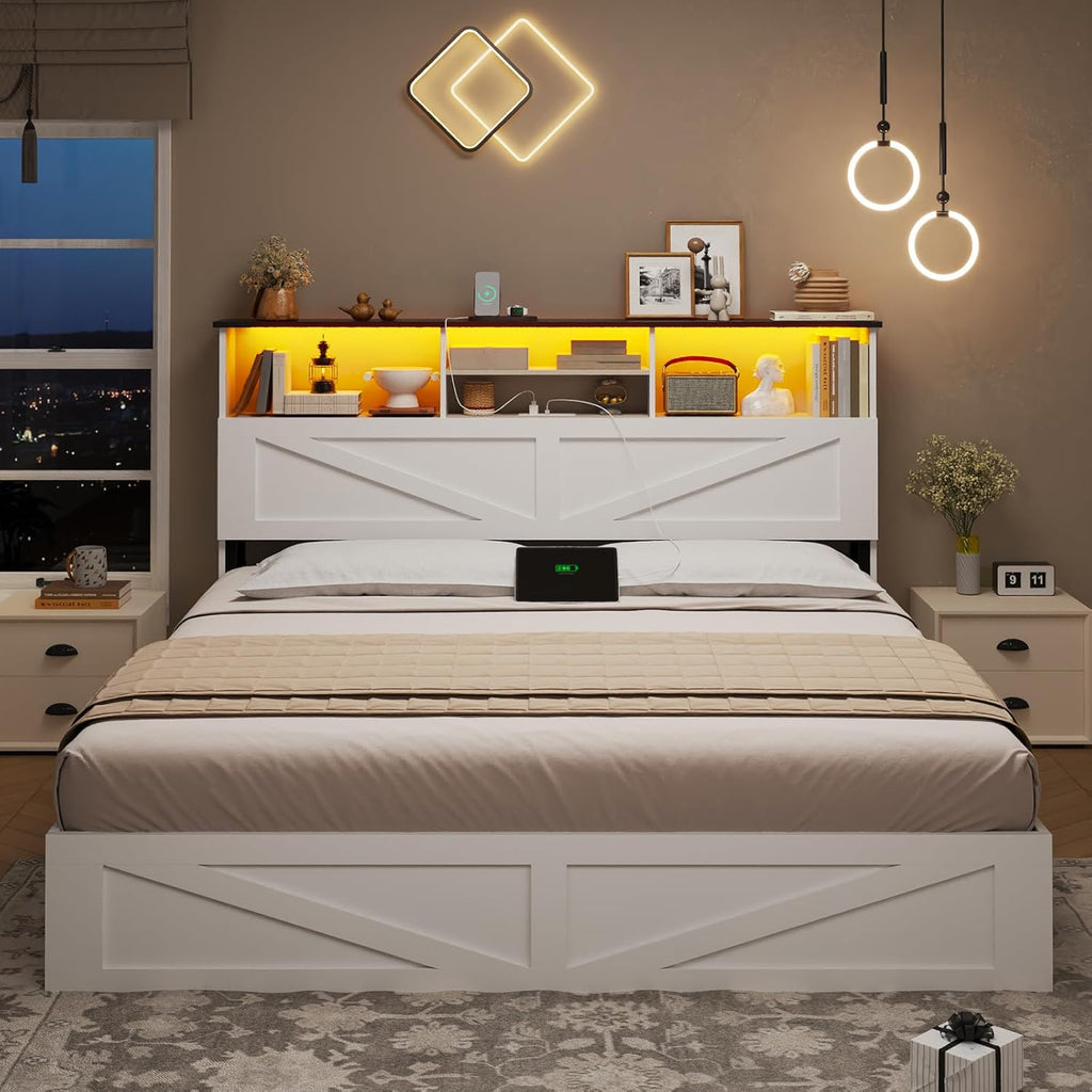 AOGLLATI Farmhouse Bed Frame Full Size with 4 Storage Drawers and Charging Station, Wooden Full Size Bed Frame with Hidden Space Bookcase Headboard and Led Lights & Metal Slats, White