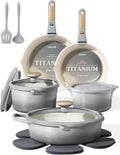 CAROTE 17Pcs Titanium Cookware Set, Pots and Pans Set Non Stick, Kitchen Cooking Set with Detachable Handle, Non Toxic Induction Cookware, Dishwasher/Oven Safe