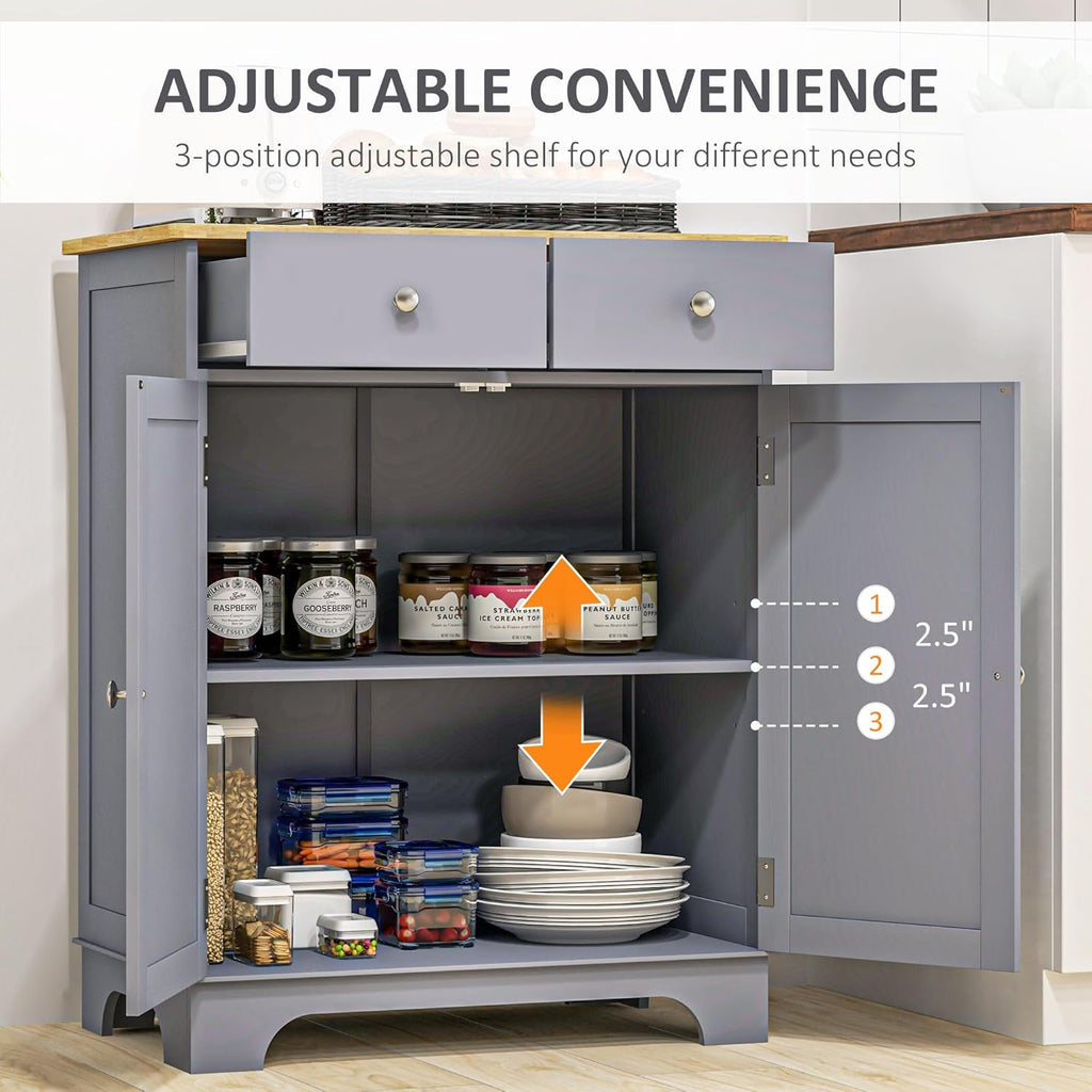 HOMCOM Sideboard Buffet Cabinet with Solid Wood Countertop, Modern Kitchen Storage Cabinet, Coffee Bar Cabinet with 2 Drawers, Doors and Adjustable Shelf, Gray