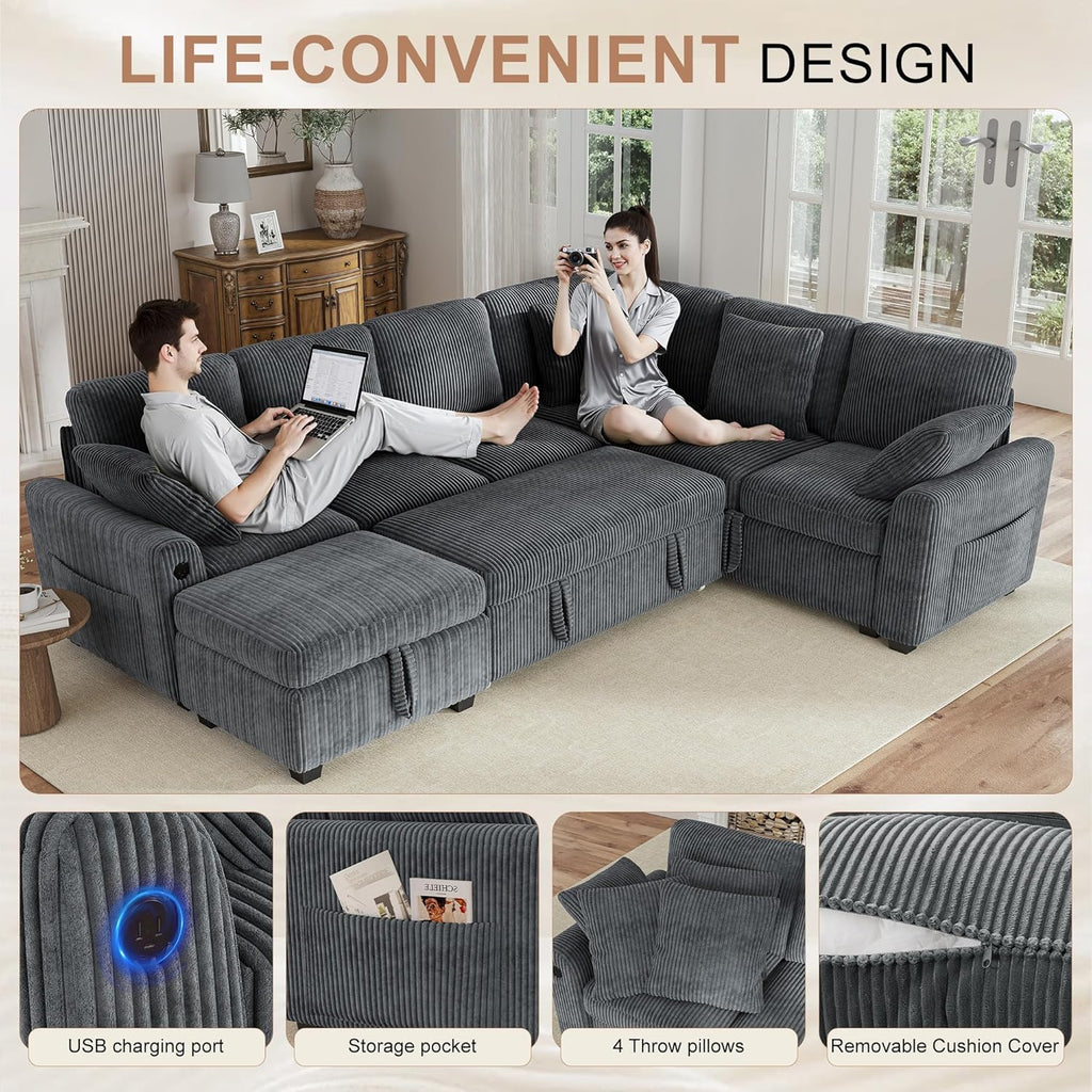 Hanherry Sectional Couch with Pull Out Sofa Bed,Corduroy Sleeper Sofa with Storage Ottoman & USB Charging,Comfy L Shaped Modular Couches for Living Room,Apartment | USB Charging, Corduroy Fabric