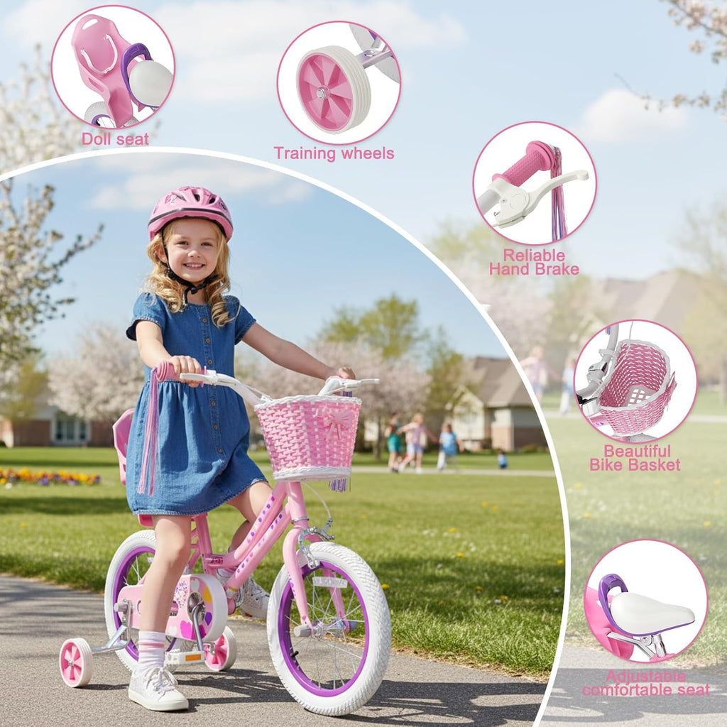 XJD Girls Bike for Toddlers 3-9 Years Old Kids, 12 14 16 Inch Kids Bike with Training Wheels, Streamers, Basket and Doll Seat