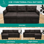 Multifunctional Sectional Sofa with Pull-Out Sleeper Bed & Hidden Storage – Reversible Chaise Espresso,Velvet – Space-Saving, Durable, Stylish & Easy DIY Assembly for Apartments & Small Homes