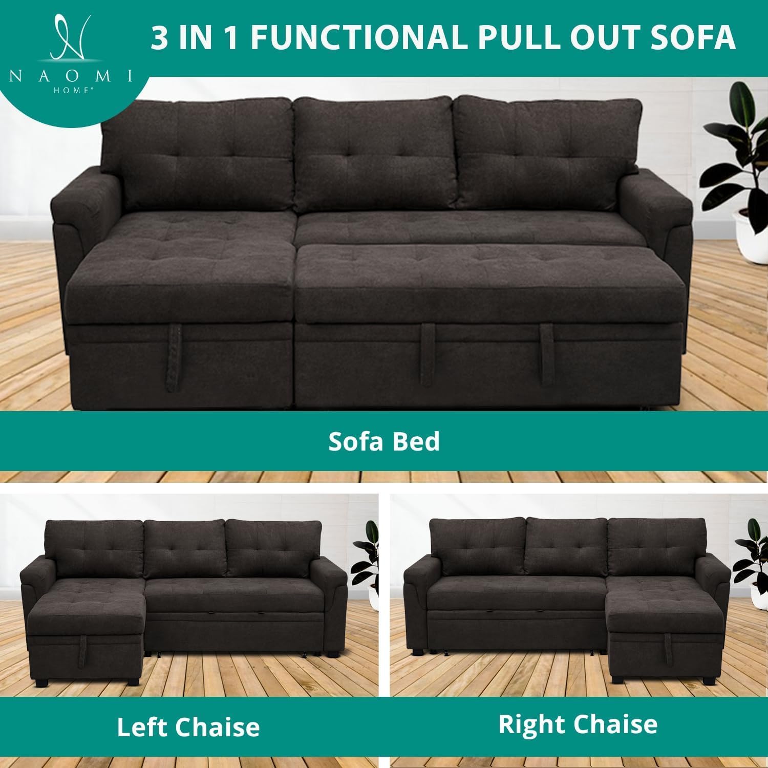 Multifunctional Sectional Sofa with Pull-Out Sleeper Bed & Hidden Storage – Reversible Chaise Espresso,Velvet – Space-Saving, Durable, Stylish & Easy DIY Assembly for Apartments & Small Homes