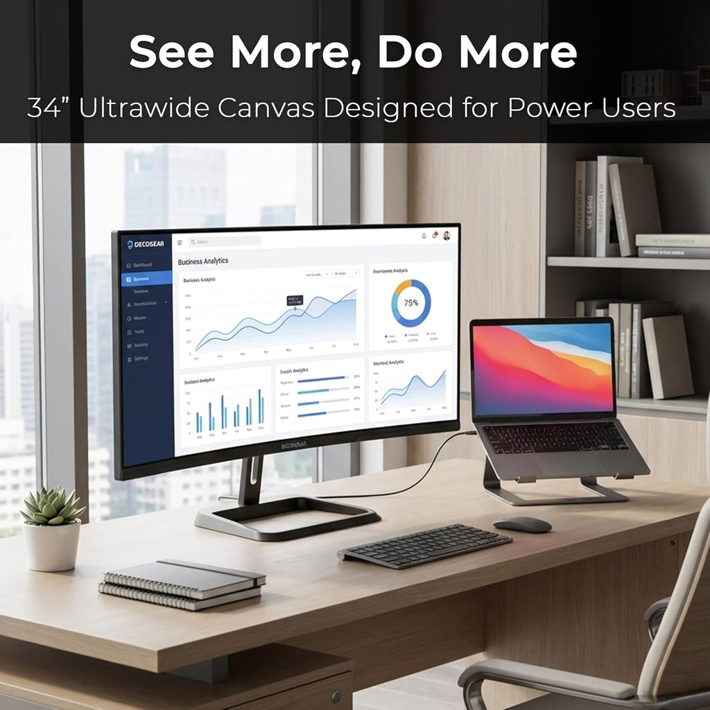 Deco Gear 34-Inch Business Curved Super UltraWide WQHD Monitor 3440 × 1440 R1500 100Hz 1ms 100% sRGB HDR 2× DisplayPort 2× HDMI Tilt Adjustable PIP/PBP Low Blue Light  American Seller