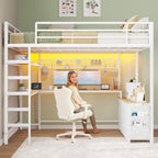 DICTAC Loft Bed Full Size with U-Shaped Desk,7 Storage Drawers and Charging Station,Metal Full Loft Bed with Led Lights and 2-tier Storage Shelves,loft full bed with Safety Guardrail and Ladders,White