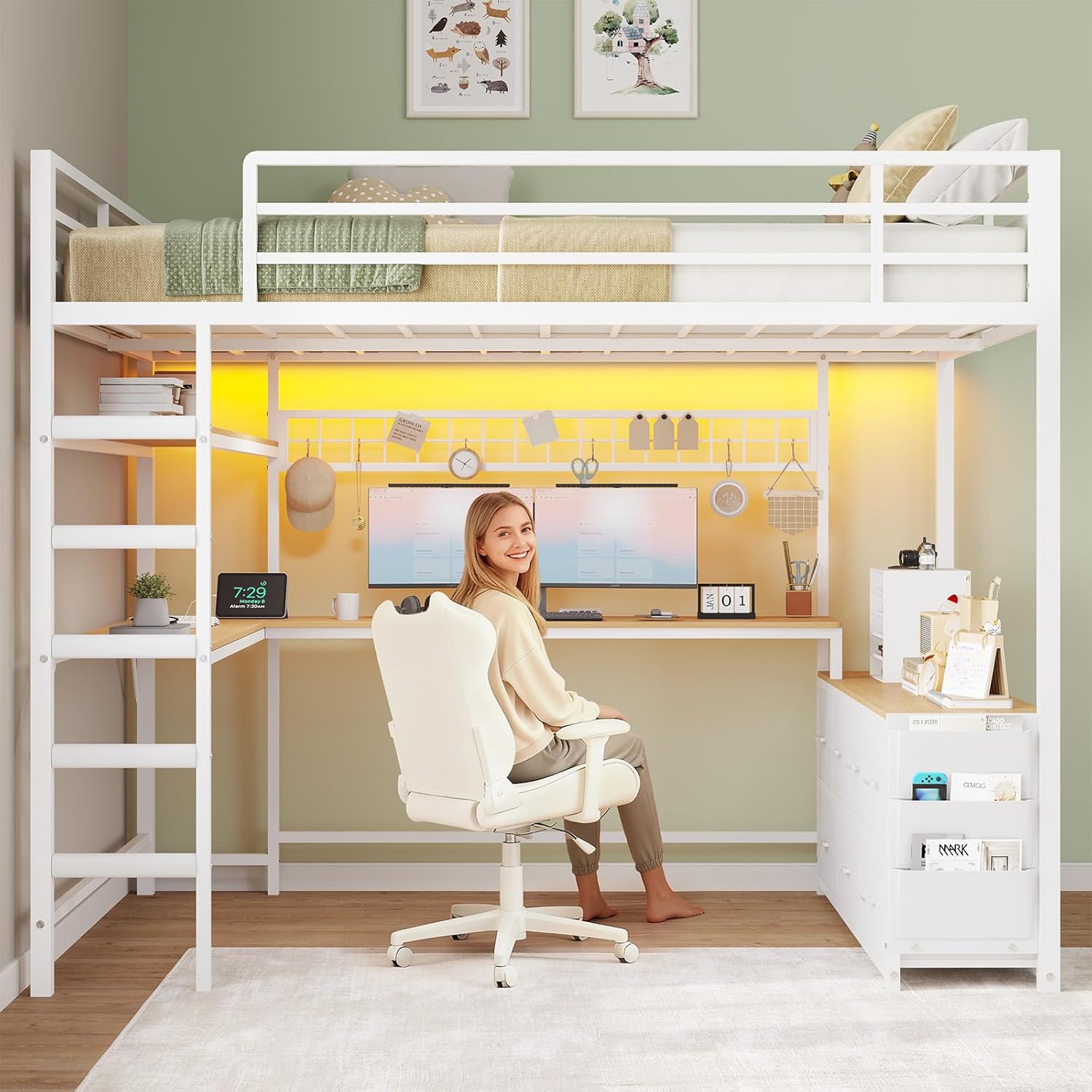 DICTAC Loft Bed Full Size with U-Shaped Desk,7 Storage Drawers and Charging Station,Metal Full Loft Bed with Led Lights and 2-tier Storage Shelves,loft full bed with Safety Guardrail and Ladders,White