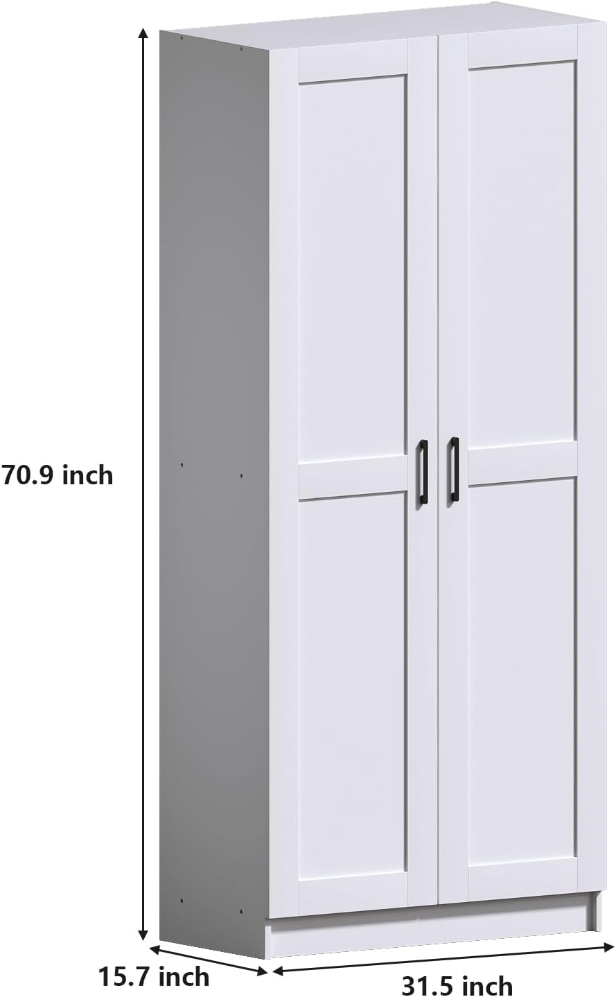 White Tall Kitchen Pantry Cabinet Organizers and Storage with Doors and Adjustable Shelves .Wood Large Gabinetes Para Cocina Office Bookshelf for Laundry Room Cabinets (31.5”W*15.7”D*71”H)