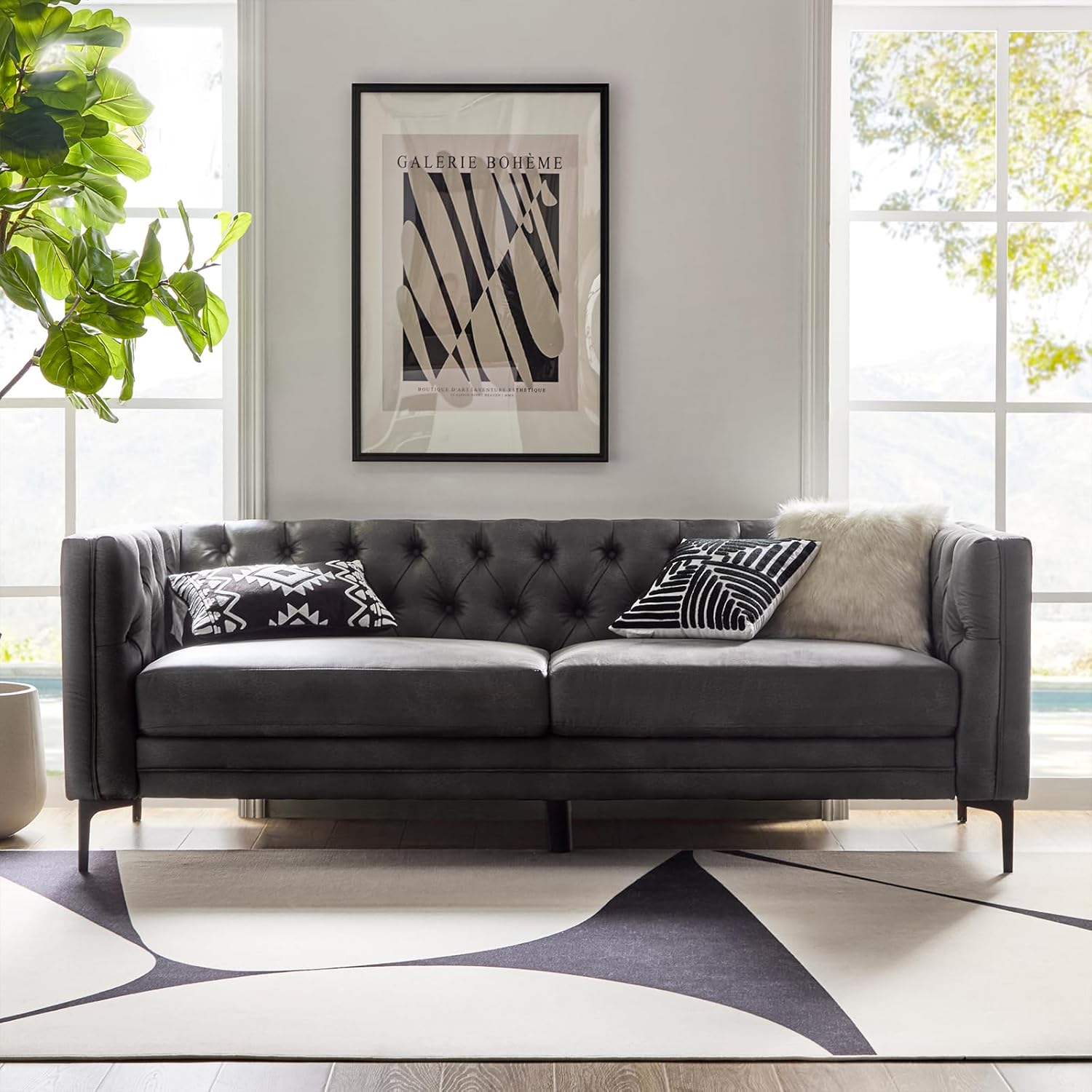 HULALA HOME 84" W Faux Leather Sofa Couch with Metal Legs, Button-Tufted 3-Seater Sofa, Mid Century Modern Contemporary Upholstered Couch for Living Room, Entertainment Area, Apartment,Grey