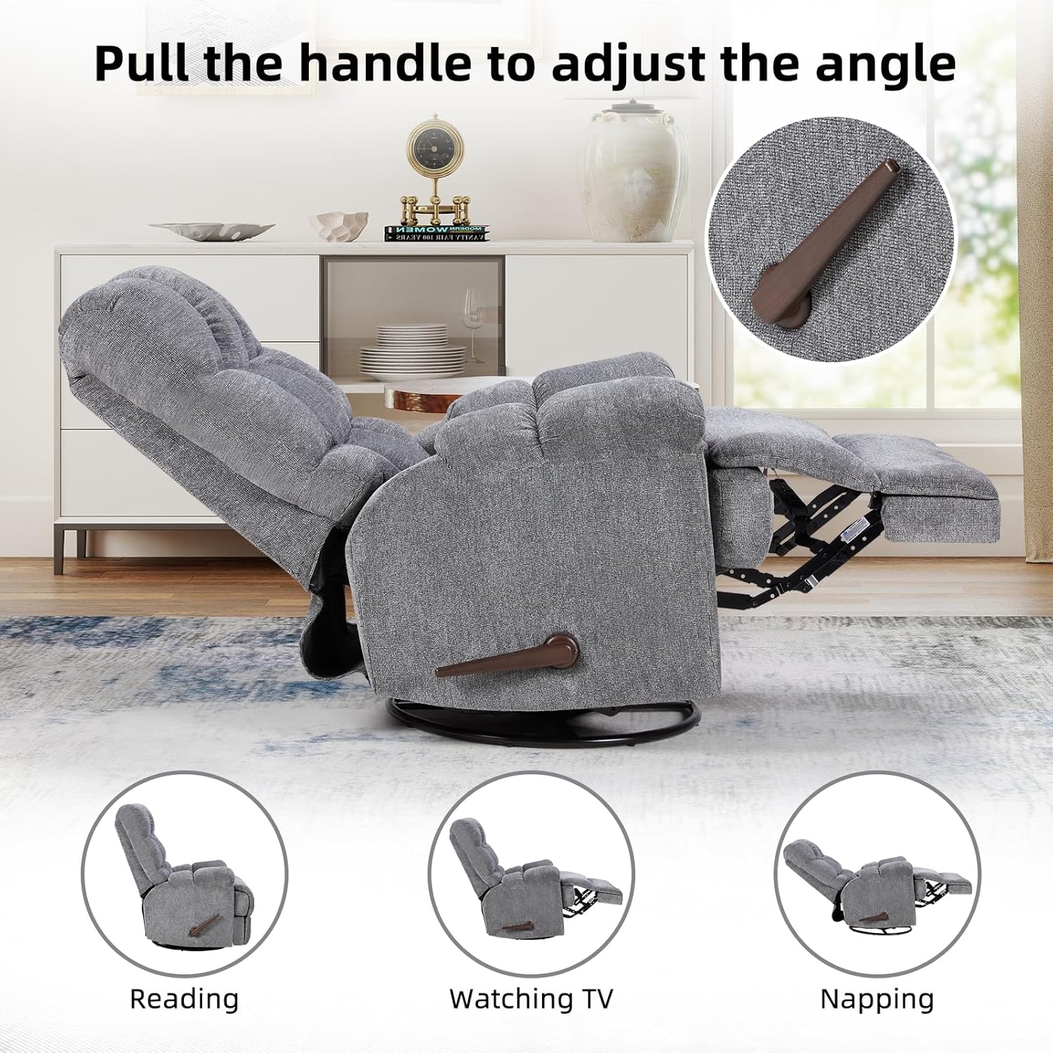 CANMOV Swivel Rocker Recliner for Adults, Glider Rocking Reclining Chair for Nursery, Manual Recliner Chair with Overstuffed Back and Arms for Living Room Bedroom Nursery, Grey