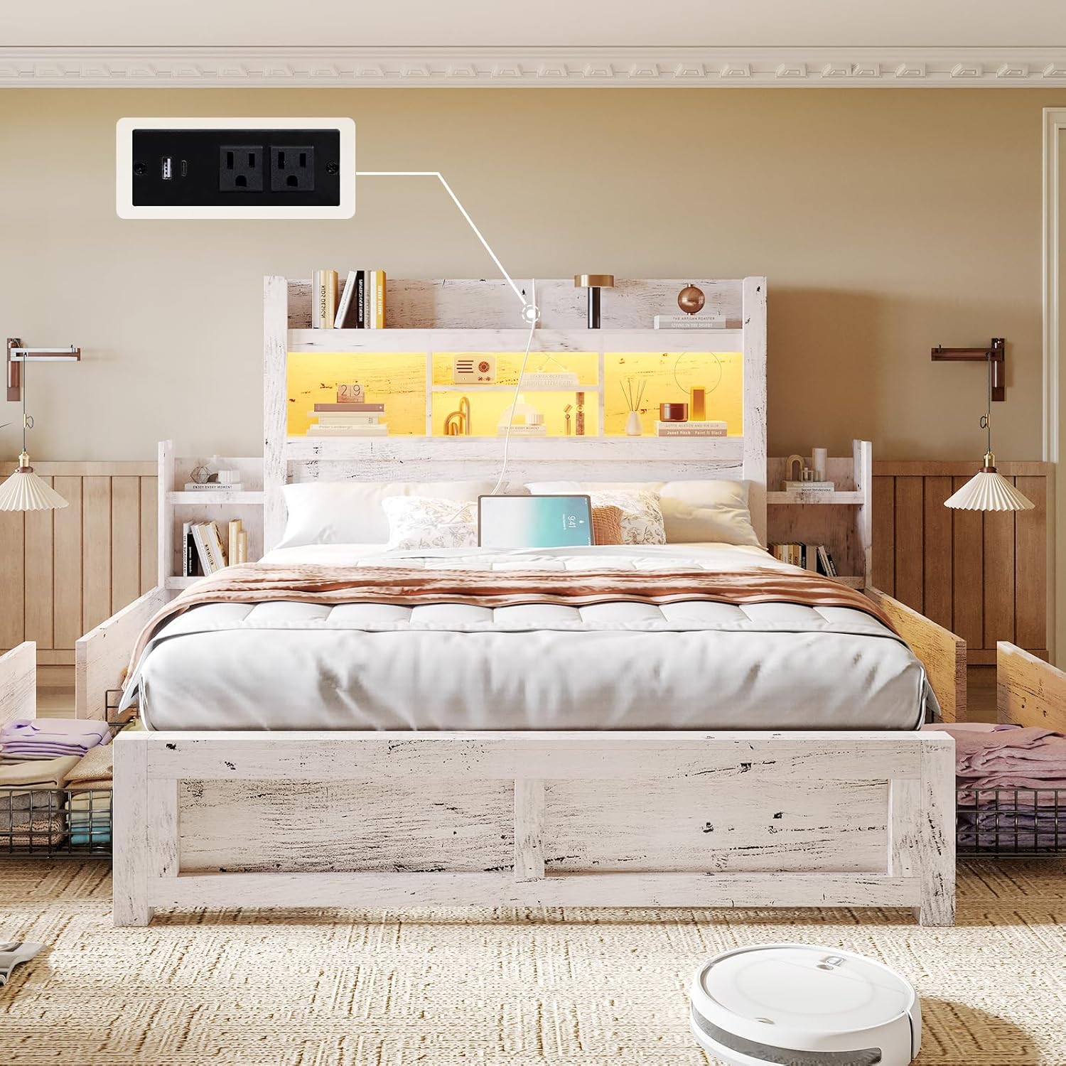 Queen Bed Frame with 49.6" Bookcase Headboard & 4 Drawers & 2 Detachable Bedside Stoage Racks, Farmhouse Wood Bed Frame with RGB LED & Charging Station, No Box Spring Needed, Distressed White