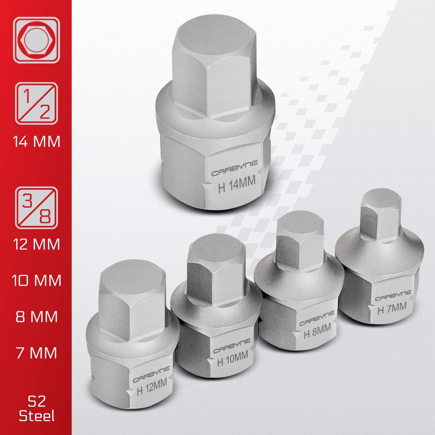 CARBYNE 9-Piece Stubby Low Profile Hex Bit Socket Set Metric, S2 Steel, 3mm to 14mm Super Short Allen Sockets with Dual Drive Internal Square and External Hex for Tight Confined Spaces