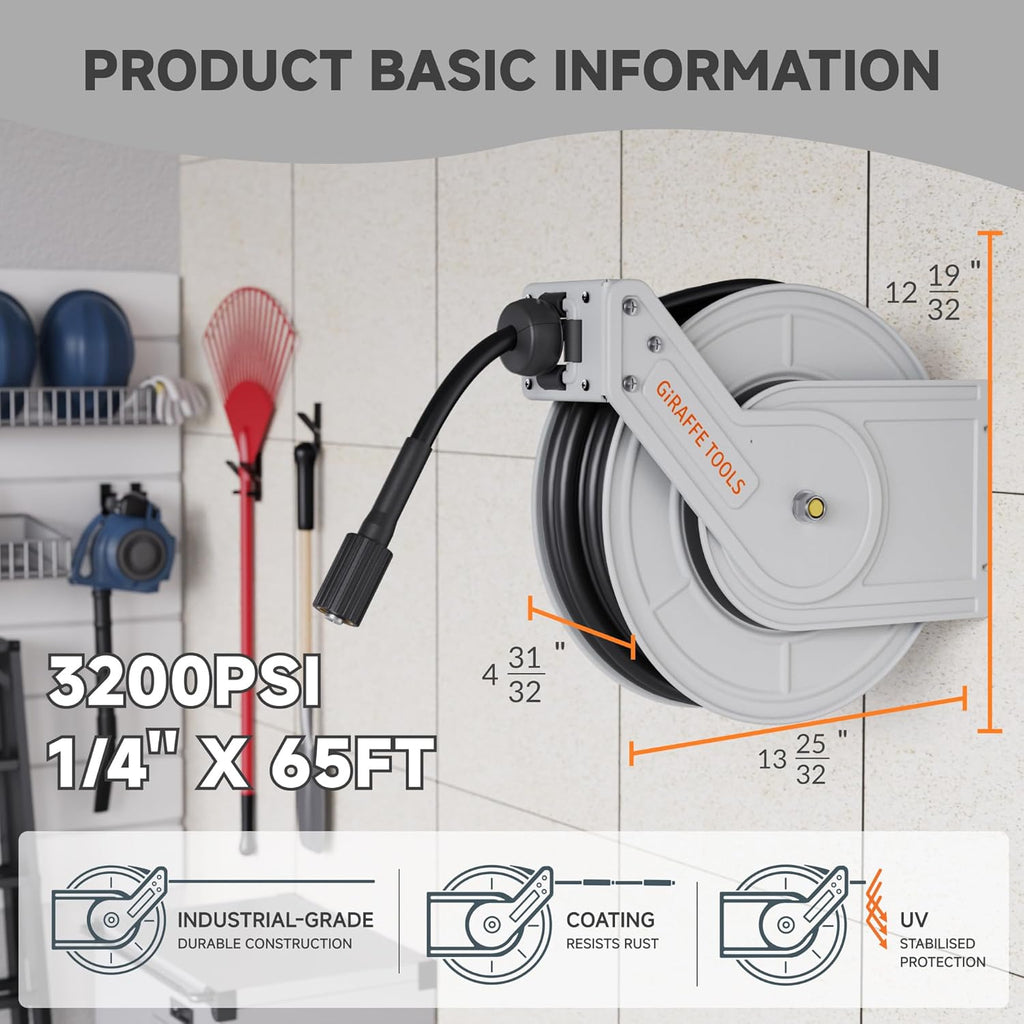 Giraffe Tools Pressure Washer Hose Reel 65ft, 3200 PSI Power Washer Hose Reel, Pressure Washer Retractable Hose Reel, Heavy Duty, Wall/Floor Mounted, Silver
