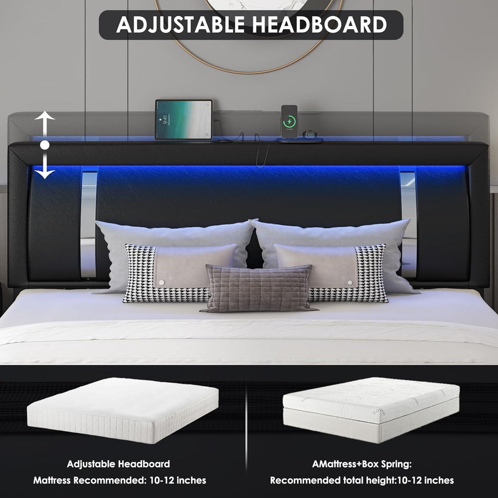 Keyluv Queen Bed Frame with RGB LED Lights Headboard & 2 Storage Drawers, Modern Upholstered Faux Leather Platform Bed with Iron Metal Decor, USB & USB-C Charging Ports, No Box Spring Needed, Black