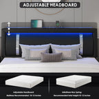 Keyluv Queen Bed Frame with RGB LED Lights Headboard & 2 Storage Drawers, Modern Upholstered Faux Leather Platform Bed with Iron Metal Decor, USB & USB-C Charging Ports, No Box Spring Needed, Black