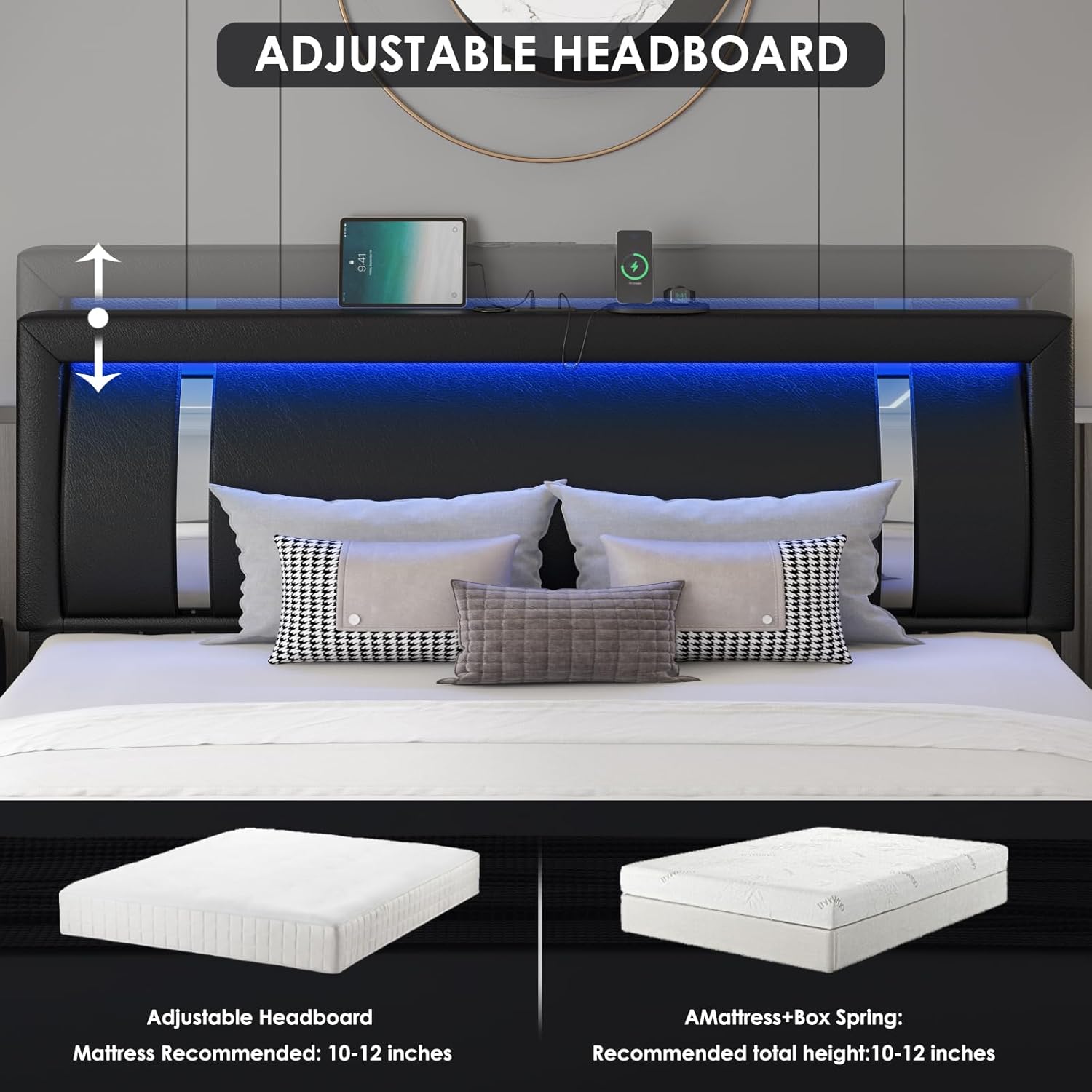 Keyluv Queen Bed Frame with RGB LED Lights Headboard & 2 Storage Drawers, Modern Upholstered Faux Leather Platform Bed with Iron Metal Decor, USB & USB-C Charging Ports, No Box Spring Needed, Black