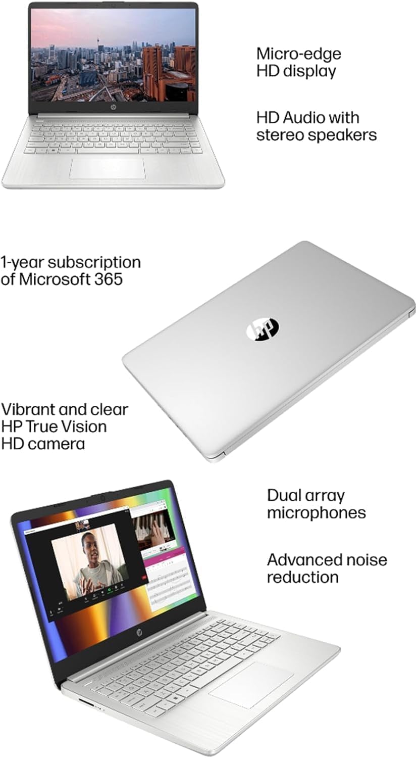 HP 14" Ultra Light Laptop for Student & Home (Intel Quad-Core N4120  4GB RAM  128GB(64GB + 64GB SD)  1-Year Office 365) 11-Hr Long Battery Life  Webcam  WiFi  Win 11 Home in S Mode - Snow White