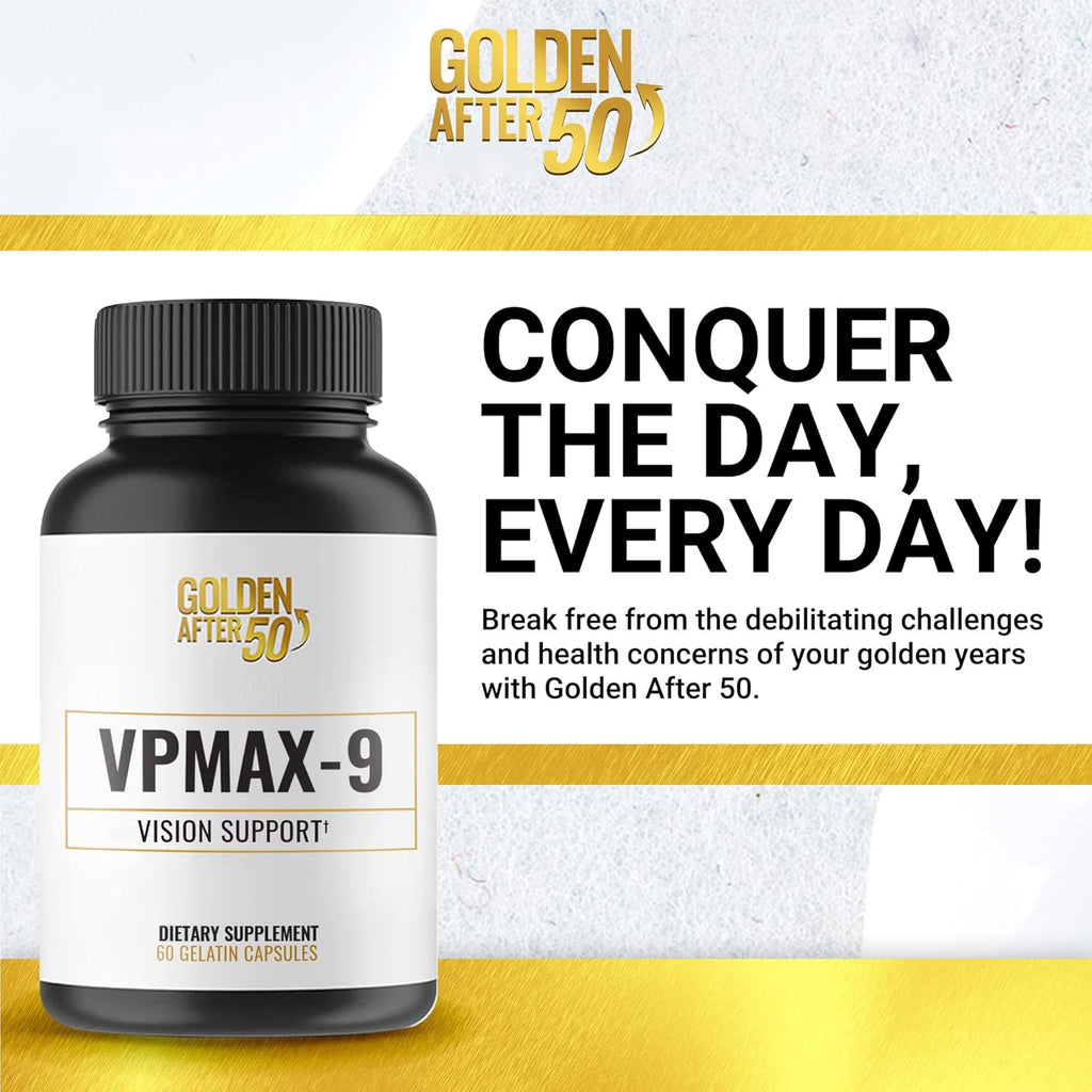 Golden After 50 VpMax-9 - Sight Care and Antioxidant Supplement with Eye Vitamins, Lutein, Lycopene and Bilberry Extract - 6 Bottles