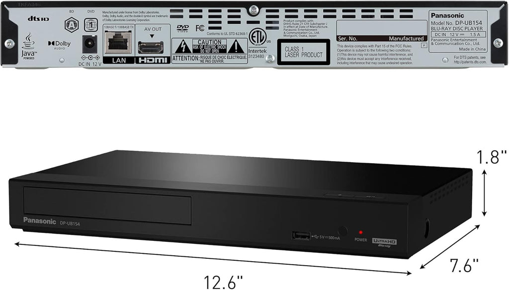 Panasonic 4K Blu Ray Player  Ultra HD Premium Video Playback and Hi-Res Audio - DP-UB154P-K DVD Player (Black)
