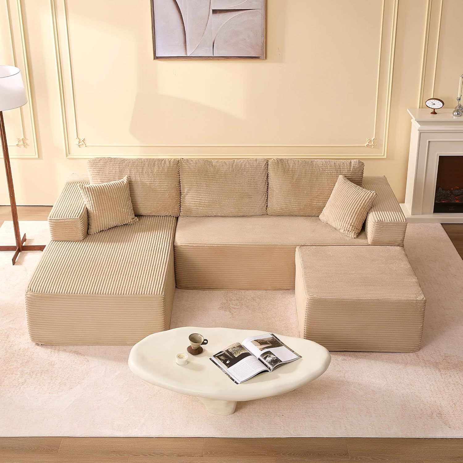 107" Boneless Couch with Deep Seat, Set of Modular Sectional Sofa, Cloud Sectional Couch for Living Room, No Assembly Required, Corduroy, U-Shape 3 Seater Left, Camel