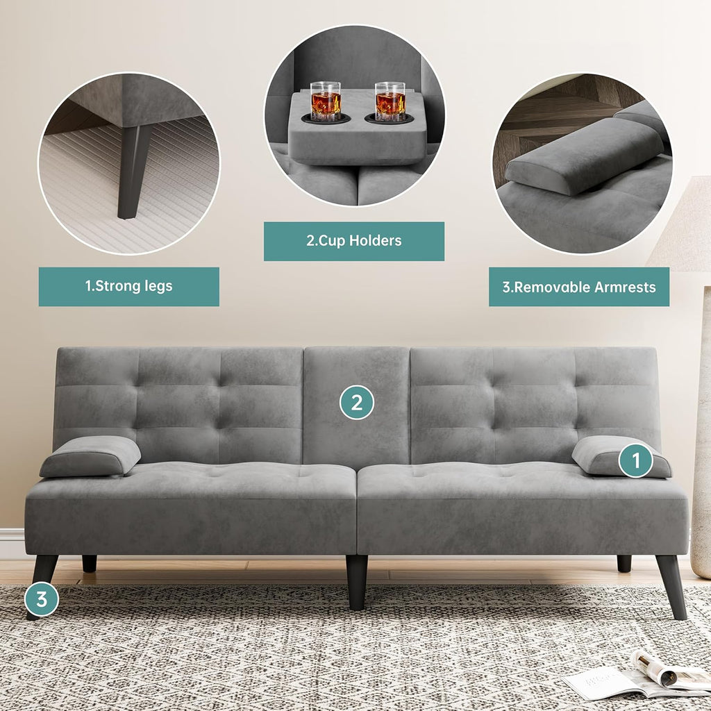 Meilocar 64" Futon Sofa Bed, Convertible Loveseat with 2 Cup Holders, Small Couch with 3 Adjustable Angles & Armrests, Sleeper Sofa for Small Apartment, Office, Dark Grey | small couch