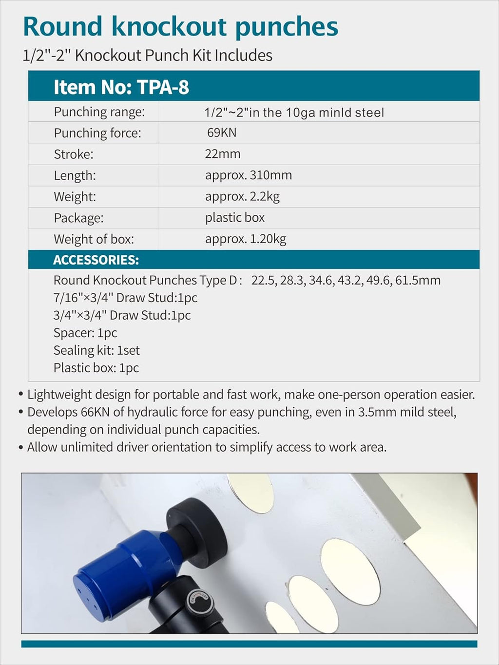 AMZCNC Hydraulic Knockout Hole Punch Driver Kit 1/2 to 2 inch Electrical Conduit Hole Cutter Set KO Tool Kit Metal Sheet Puncher (8TON(1/2"~2"))