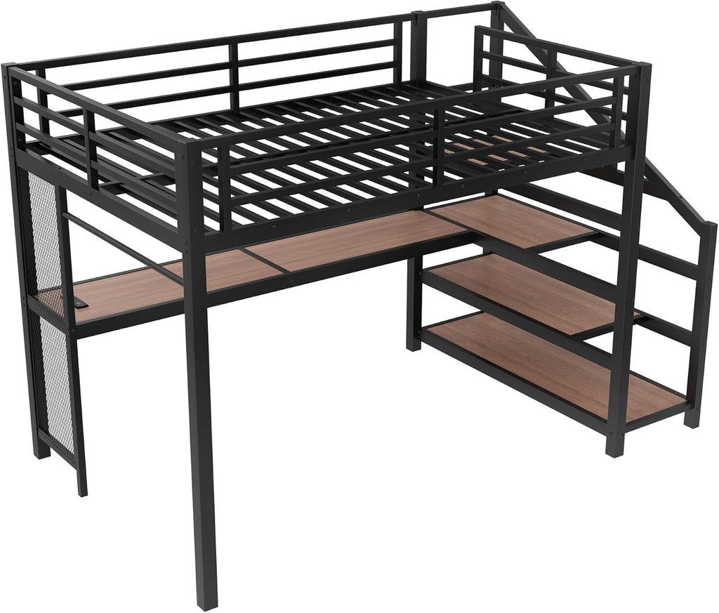 Bellemave Metal Full Size Loft Bed with Desk and Storage Stairs,Heavy Duty Loft Bed Frame Full Size with LED Lights and Charging Station for Kids,Teens,Adults,Black