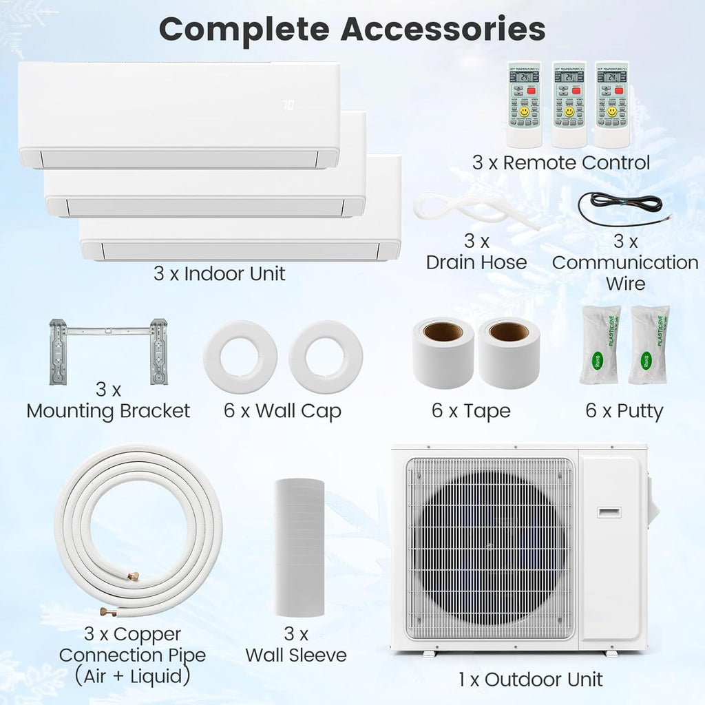 SIMOE 36000 BTU Tri 3 Zone Multi Zones Mini Split AC Heat Pump Full Set, Mini Split Air Conditioner, Wifi-Enabled 23 SEER2, 9k+9k+12k BTU, 208-230V, Ductless Energy Star, Installation Kit