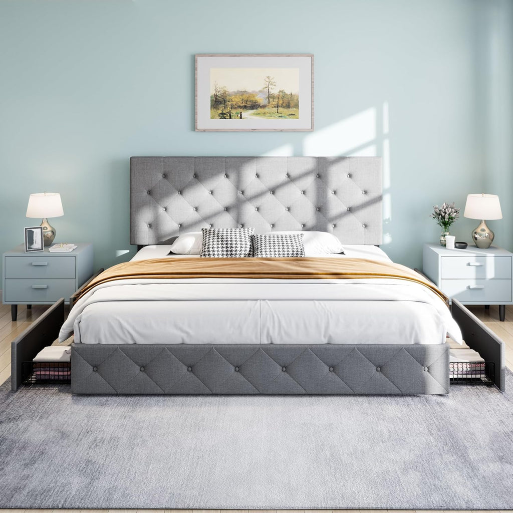 SHA CERLIN Upholstered King Size Platform Bed Frame with 4 Storage Drawers, Adjustable Headboard with Diamond Stitched Button Tufted Design, Wooden Slat Support, No Box Spring Needed, Light Grey