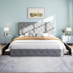 SHA CERLIN Upholstered King Size Platform Bed Frame with 4 Storage Drawers, Adjustable Headboard with Diamond Stitched Button Tufted Design, Wooden Slat Support, No Box Spring Needed, Light Grey