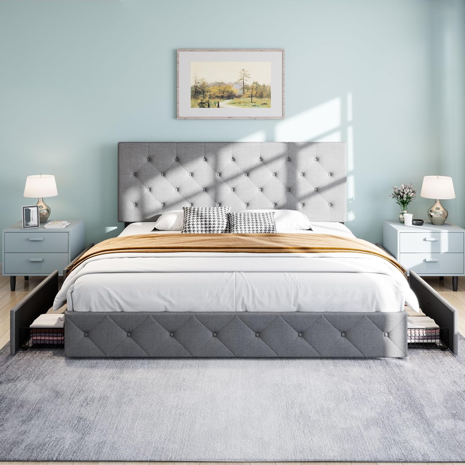 SHA CERLIN Upholstered King Size Platform Bed Frame with 4 Storage Drawers, Adjustable Headboard with Diamond Stitched Button Tufted Design, Wooden Slat Support, No Box Spring Needed, Light Grey