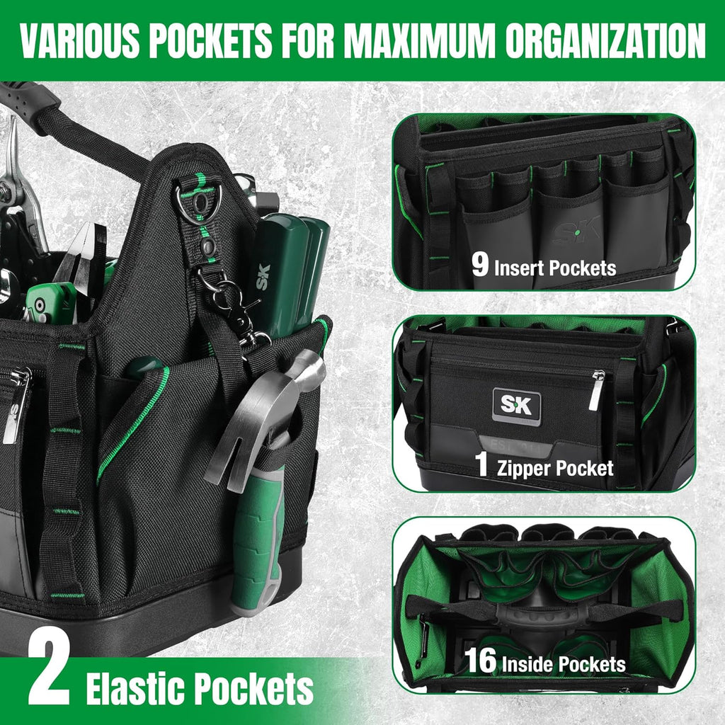 SK 15-Inch Open Top Tool Bag, Heavy Duty Tool Tote with 28 Pockets, Tool Bag Organizer with Padded Shoulder Strap and Ergonomic Handle, 1680D Fabric with Waterproof Hard Base