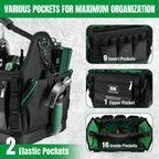 SK 15-Inch Open Top Tool Bag, Heavy Duty Tool Tote with 28 Pockets, Tool Bag Organizer with Padded Shoulder Strap and Ergonomic Handle, 1680D Fabric with Waterproof Hard Base