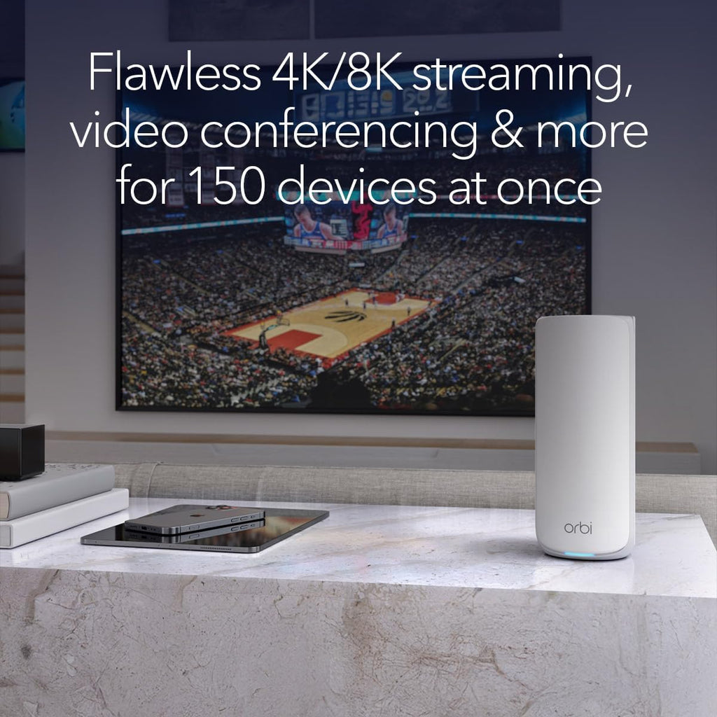 NETGEAR Orbi 870 Series Tri-Band WiFi 7 Mesh System (RBE873) - Router + 2 Satellite Extenders  Security Features  Up to 21 Gbps  Covers Up to 9 000 Sq. Ft.  150 Devices  10 Gig Internet Port  BE21000