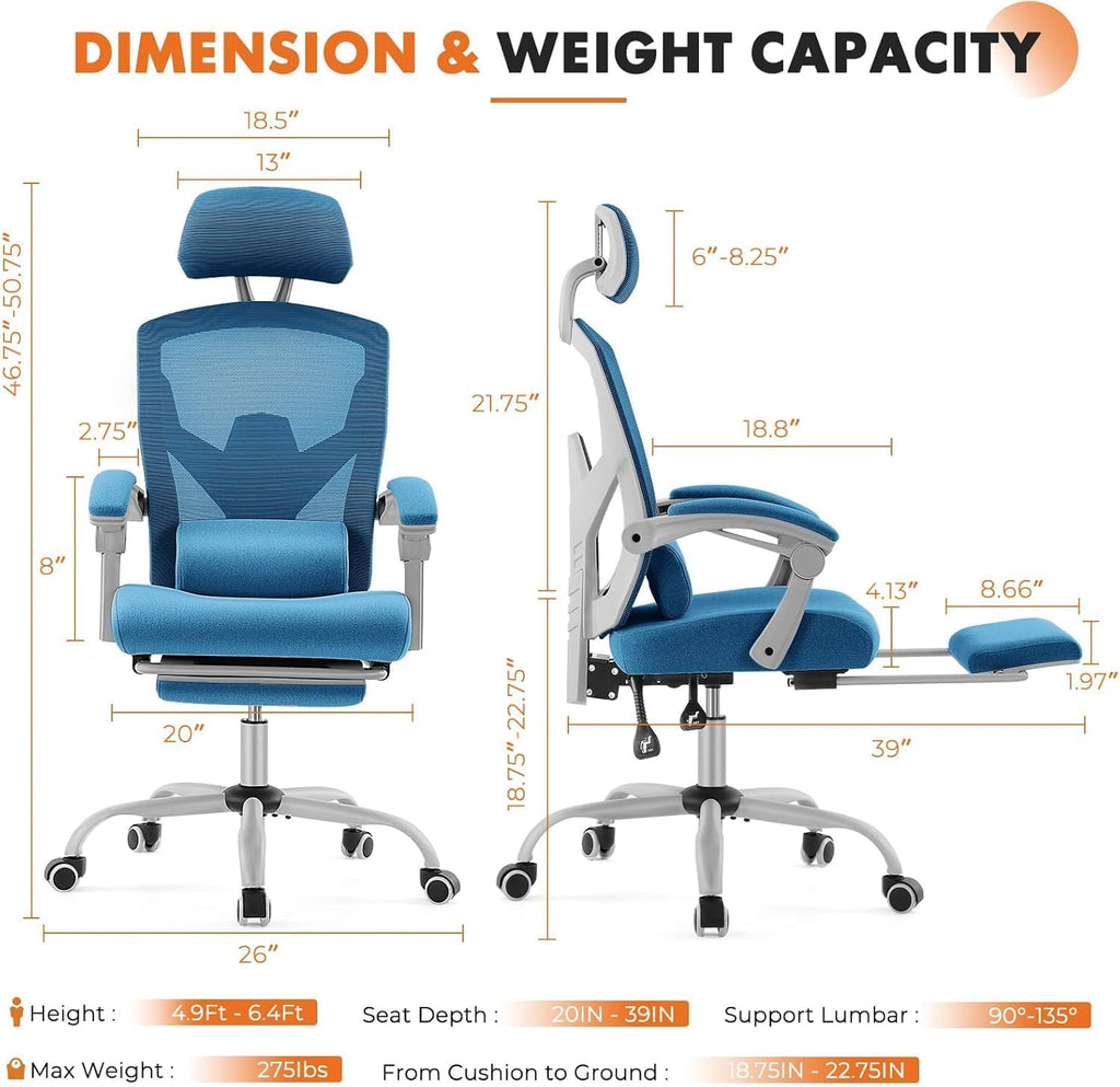 Simple Deluxe Home Office Desk Chair with Footrest, High-Back Mesh Rolling Swivel Reclining Chairs with Wheels, Comfortable Headrest, Lumbar Support, Comfy Arms