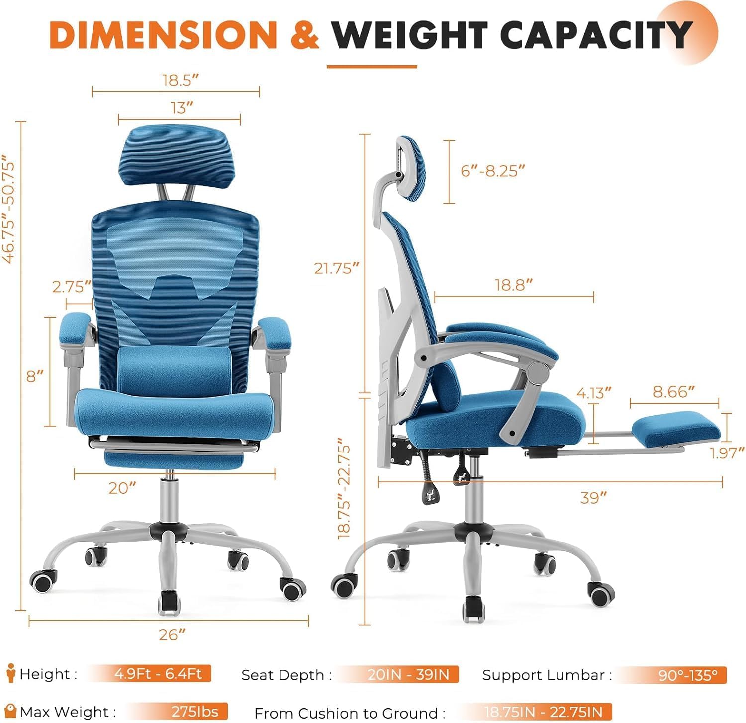 Simple Deluxe Home Office Desk Chair with Footrest, High-Back Mesh Rolling Swivel Reclining Chairs with Wheels, Comfortable Headrest, Lumbar Support, Comfy Arms