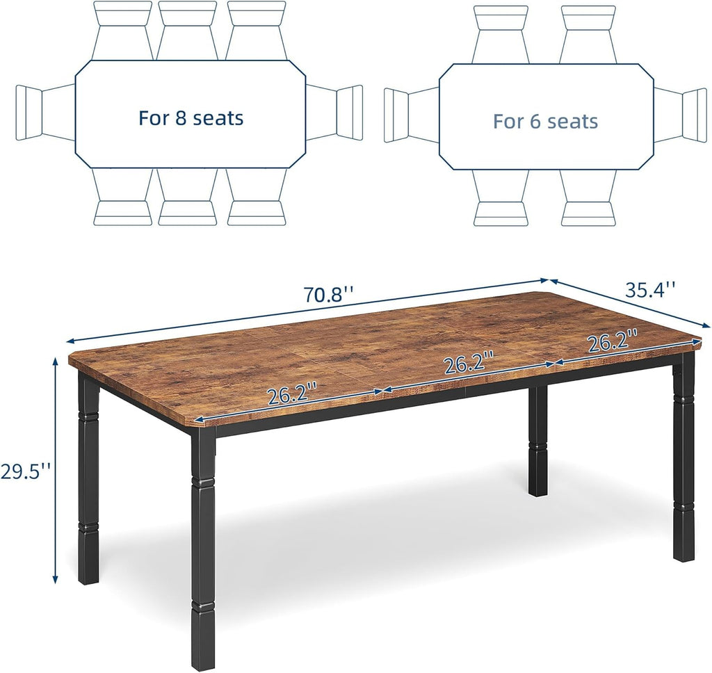 Garvee Large Dining Table for 6-8 People, 71" Wooden Kitchen Table with Sturdy Metal Frame, Dining Room Table for Dining Room, Kitchen, Black Leg & Retro