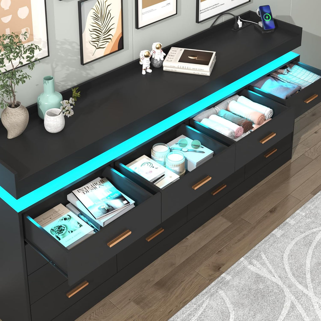16 Drawer Dresser with LED Light and Charging Station, Modern Chest of Drawers for Closet, Wide Drawer Organizer Cabinet, Living Room, Entryway, Hallway, Black
