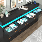16 Drawer Dresser with LED Light and Charging Station, Modern Chest of Drawers for Closet, Wide Drawer Organizer Cabinet, Living Room, Entryway, Hallway, Black