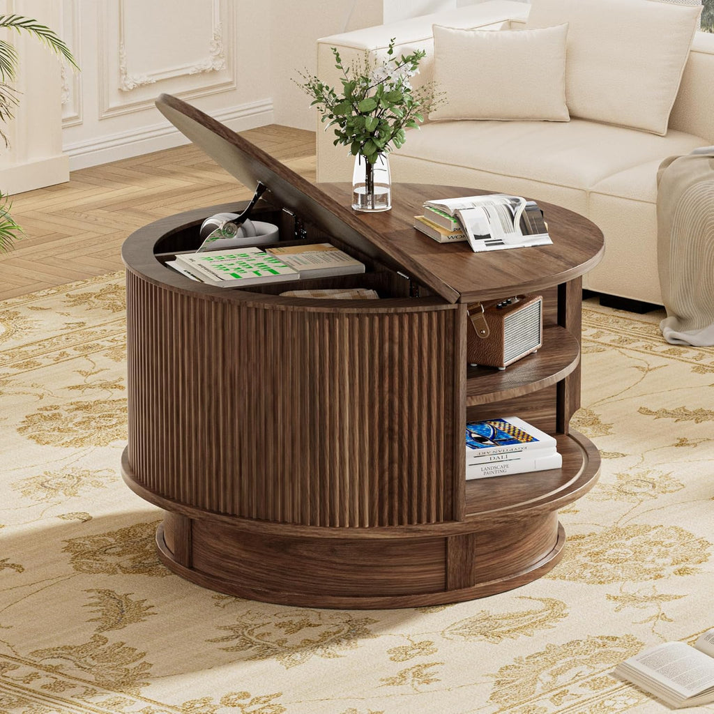 31.5" Round Fluted Coffee Table with Hidden Storage, Modern Wood Coffee Table with Flip-Up Hinged Tabletop, Divided Compartments and Rotating Base for Living Room & Apartment (Walnut)