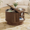 31.5" Round Fluted Coffee Table with Hidden Storage, Modern Wood Coffee Table with Flip-Up Hinged Tabletop, Divided Compartments and Rotating Base for Living Room & Apartment (Walnut)