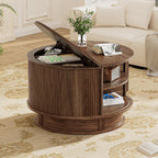 31.5" Round Fluted Coffee Table with Hidden Storage, Modern Wood Coffee Table with Flip-Up Hinged Tabletop, Divided Compartments and Rotating Base for Living Room & Apartment (Walnut)