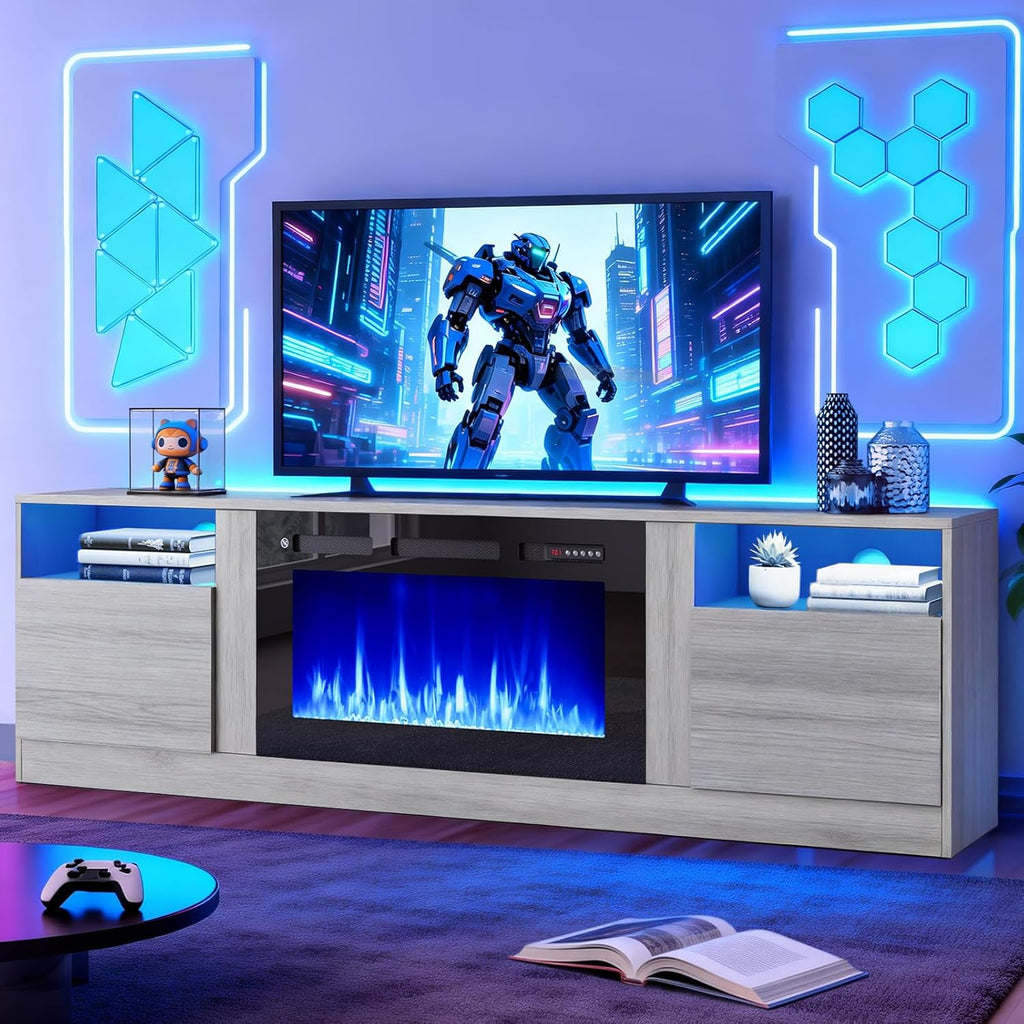 MXV Fireplace TV Stand with 36'' Electric Fireplace Up to 90" TVs, LED Light Entertainment Center, Modern Wood Texture Entertainment Stand with Highlight Storage Cabinet,Grey-Black