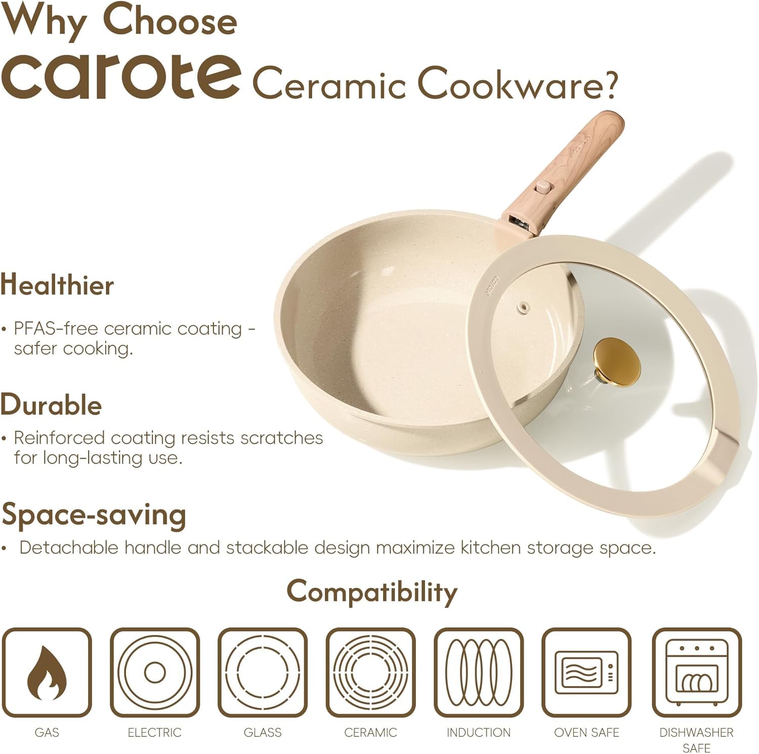 CAROTE 22PCS Pots and Pans set Non Stick, Ceramic Cookware Set, RV Kitchen Cooking Set Removable Handles, Oven Safe, Induction Coolware, Non-toxic Kitchen Cooking Set, PFAS and PFOA Free