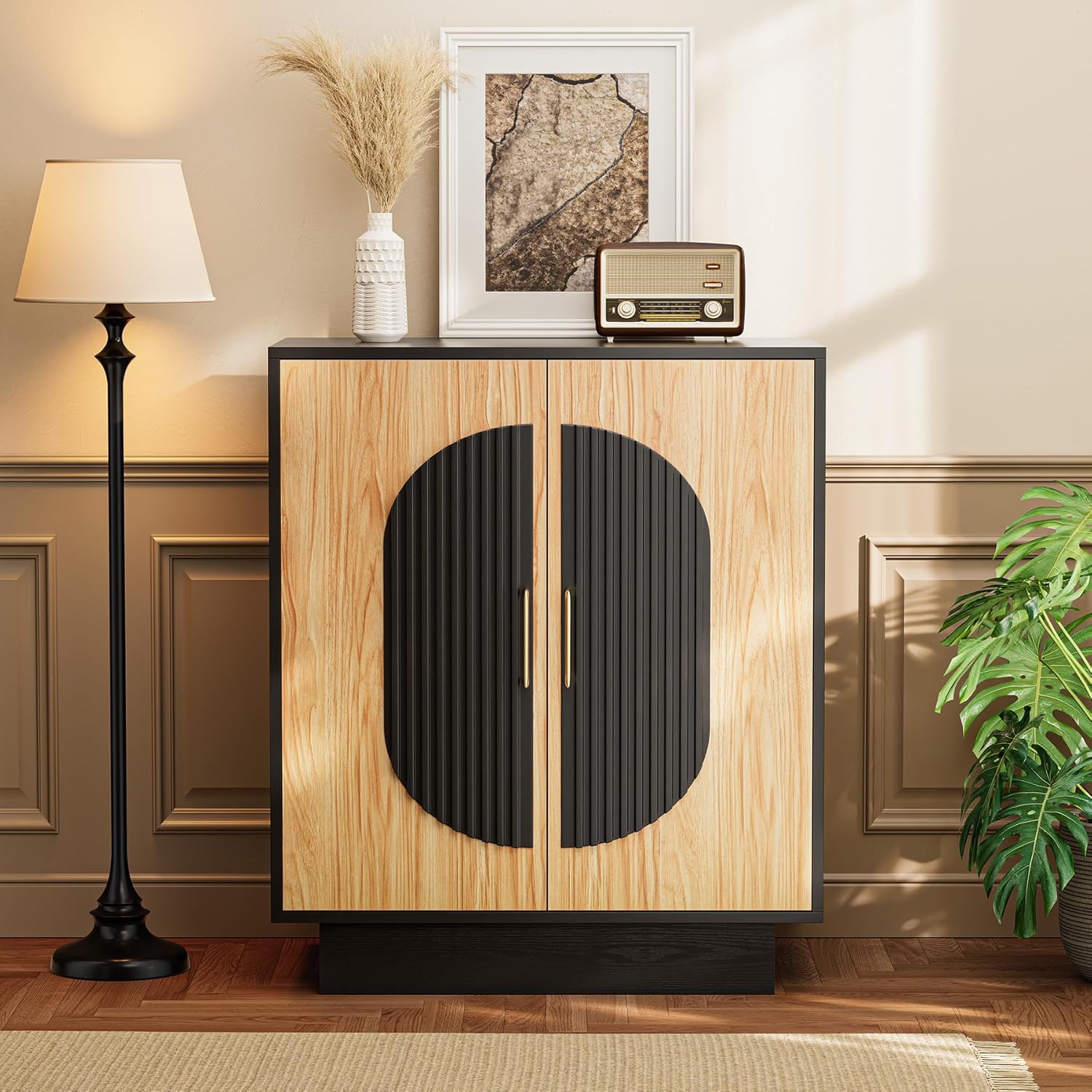 29" Fluted Modular Buffet Cabinet with Arched Doors & Gold Handles, Mid Century Modern Sideboard Credenza Storage with Adjustable Shelves, Wood Coffee Bar Console Table for Dining Living Room