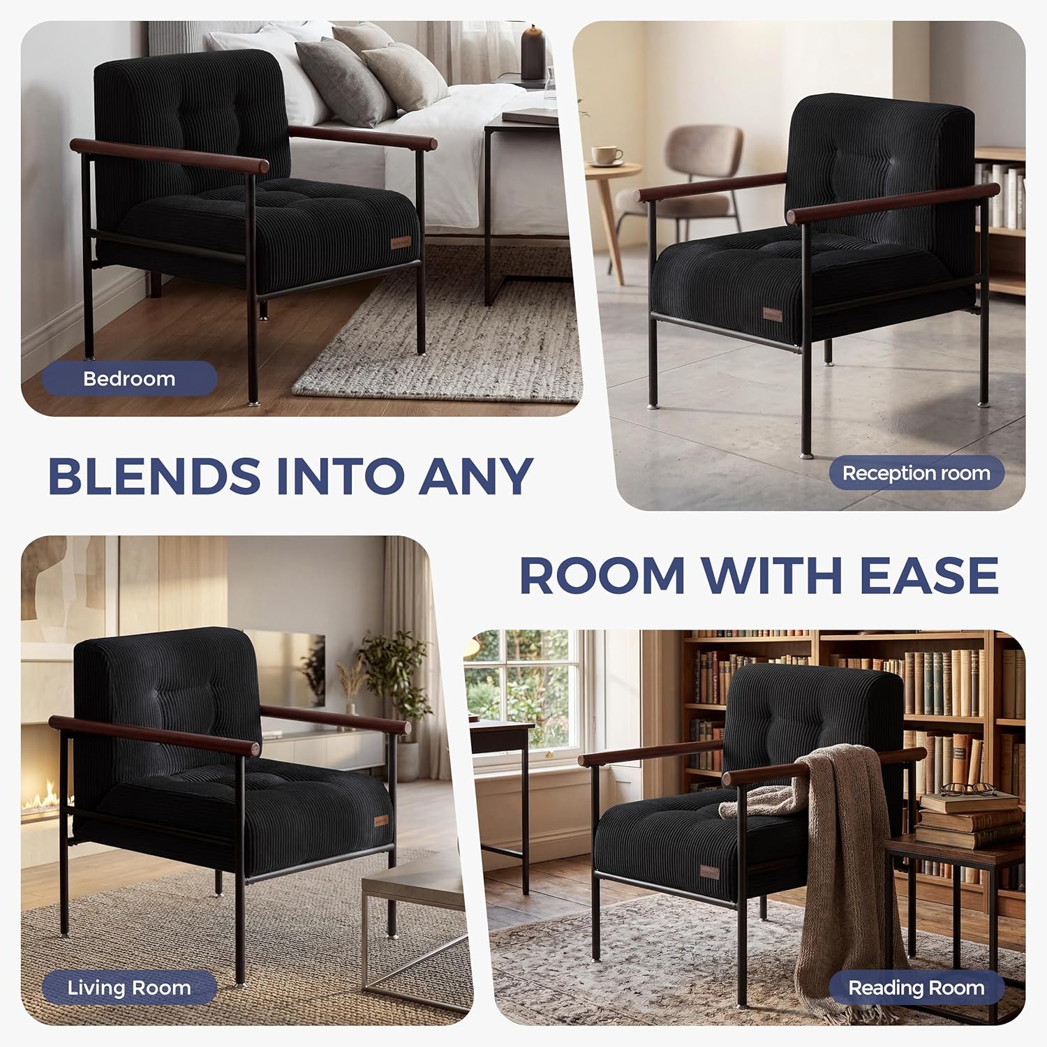 MAXYOYO Living Room Accent Chair, Modern Chair with Sturdy Metal Frame & Wood Armrests, Upholstered Reading Chair with Upholstered Cushion for Bedroom Balcony Porch, Black